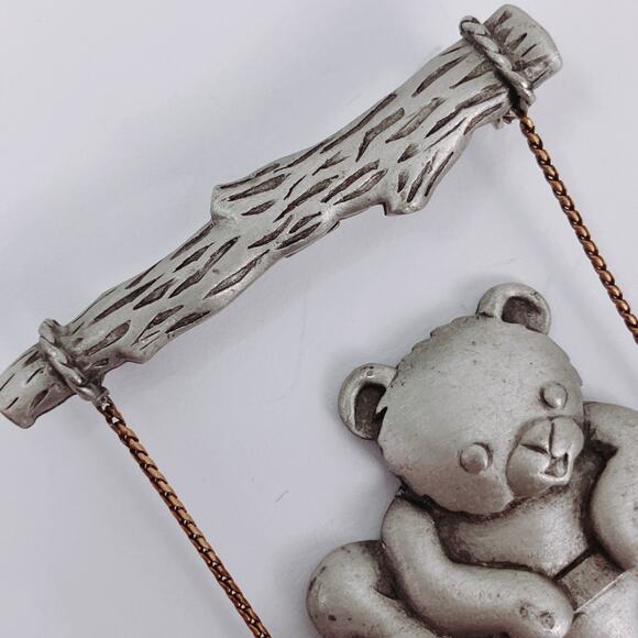 VTG Signed JJ Teddy Bear On Swing Pewter Tone Figural Brooch 1980s Cute Adorable - Picture 3 of 9